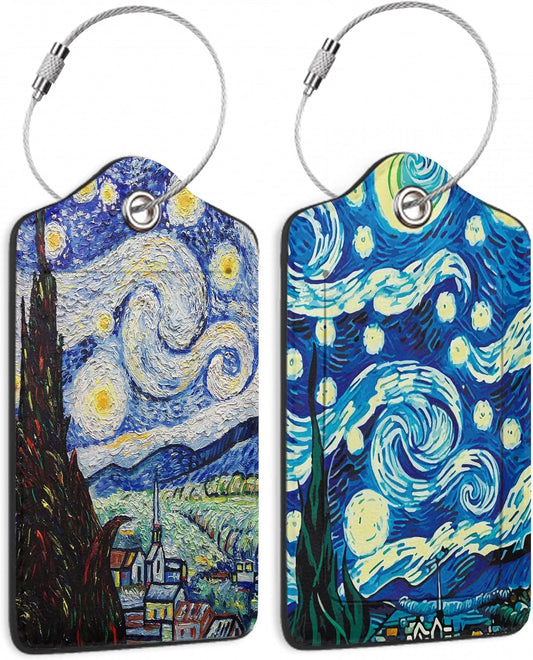 Set of 2 Starry Night Luggage Tags for Suitcases, Leather Suitcase Tag Name Identifiers Labels for Travel Bag Baggage Backpack