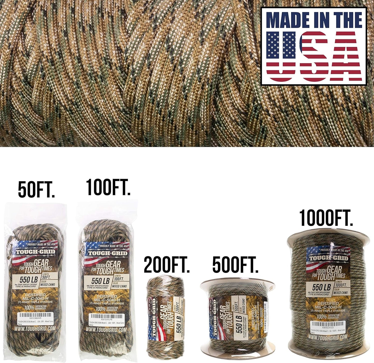 TOUGH-GRID 550 Paracord Rope Nylon Parachute Cord, Made in USA Survival Kit, Outdoor Adventures, Camping, Tactical Gear & Emergency Supplies, Military Type III Mil-Spec
