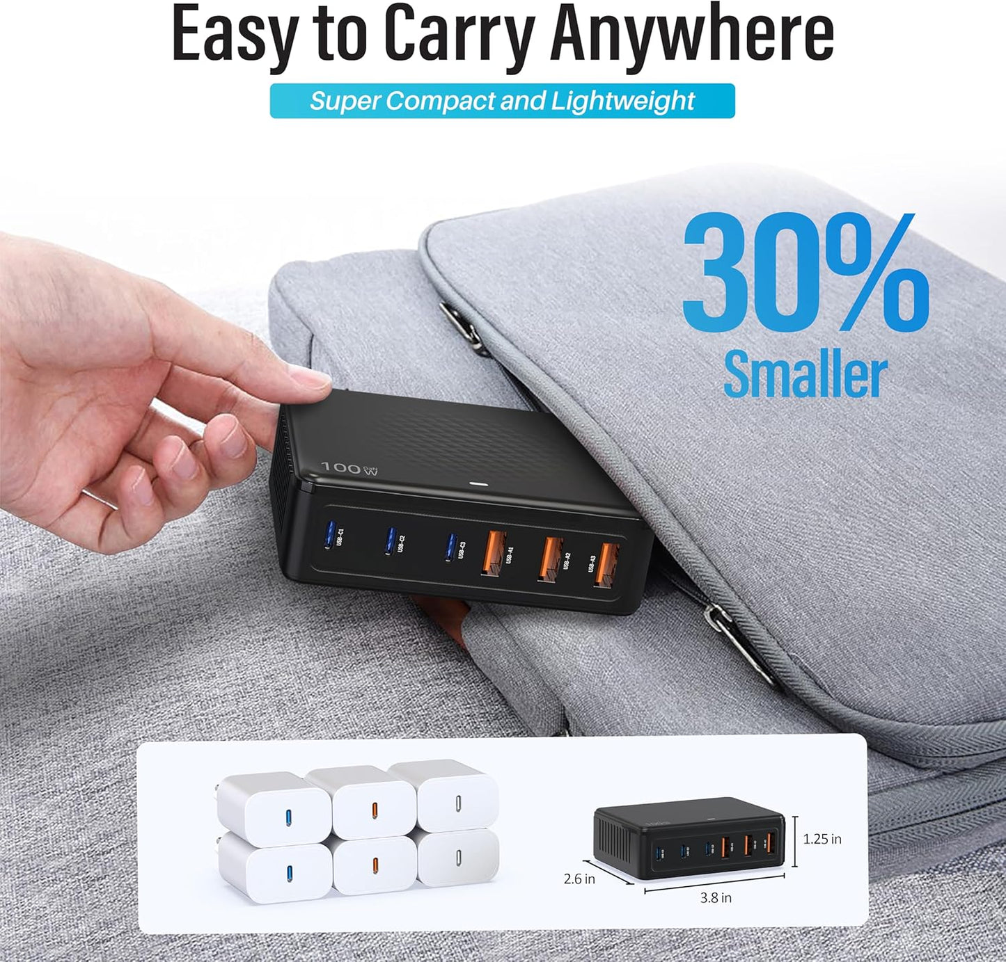 TT&C 100W USB-C Fast Charger, GaN III 6 Port PD+QC Multiport Charging Station Hub Block Cube, USB-C Wall Charger Power Strip Adapter Plug for iPhone 17,17 Air,16,15, Pro Max, Galaxy S25, S24-5ft Cord