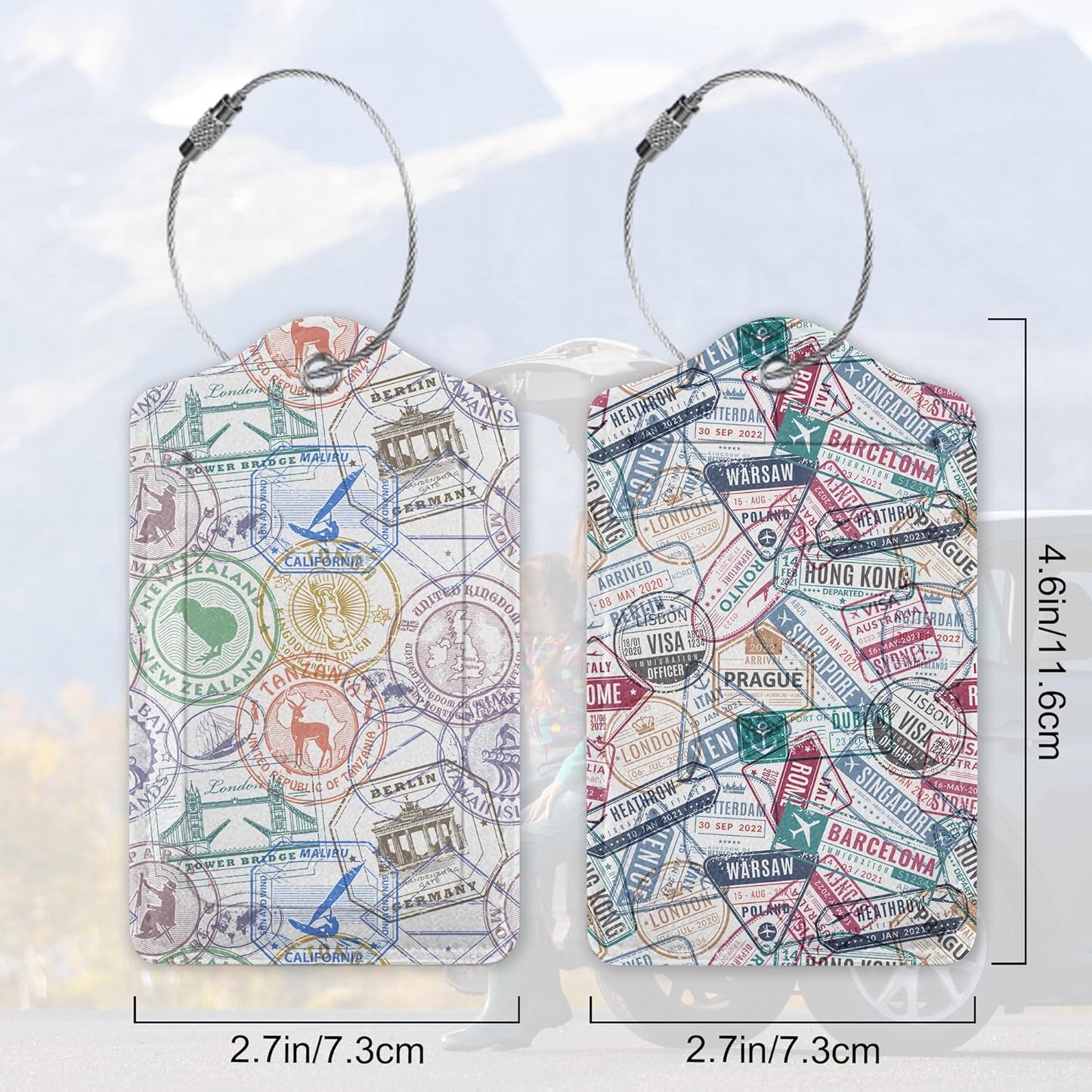 Travel Stamp,Travel Retro Labels Luggage Tags for Suitcases, 2 Pack Cute PU Leather Suitcase Tag Identifiers with Address Card for Baggage Tag