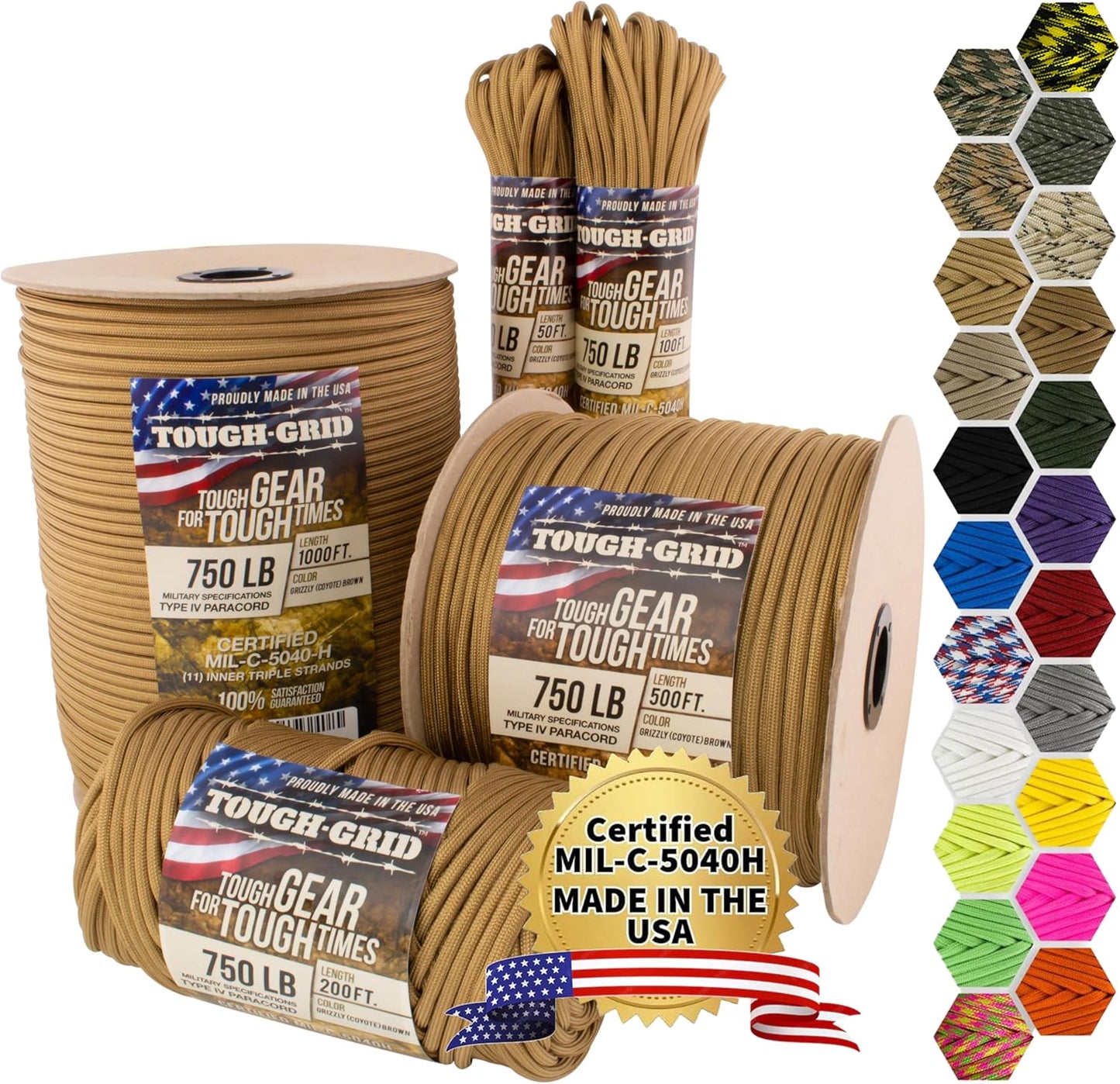 TOUGH-GRID 750 Paracord Rope Nylon Parachute Cord, Made in USA Survival Kit, Outdoor Adventures, Camping, Tactical Gear & Emergency Supplies, Military Type IV Mil-Spec
