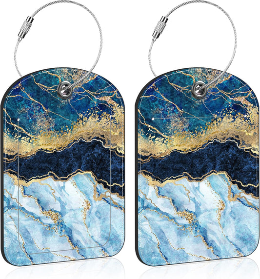 2 PCS Leather Luggage Tag for Suitcase Abstract Marble Travel Suitcase Labels with Privacy Name ID Label and Stainless Steel Loop for Adults Teens Travel Bag Labels Set