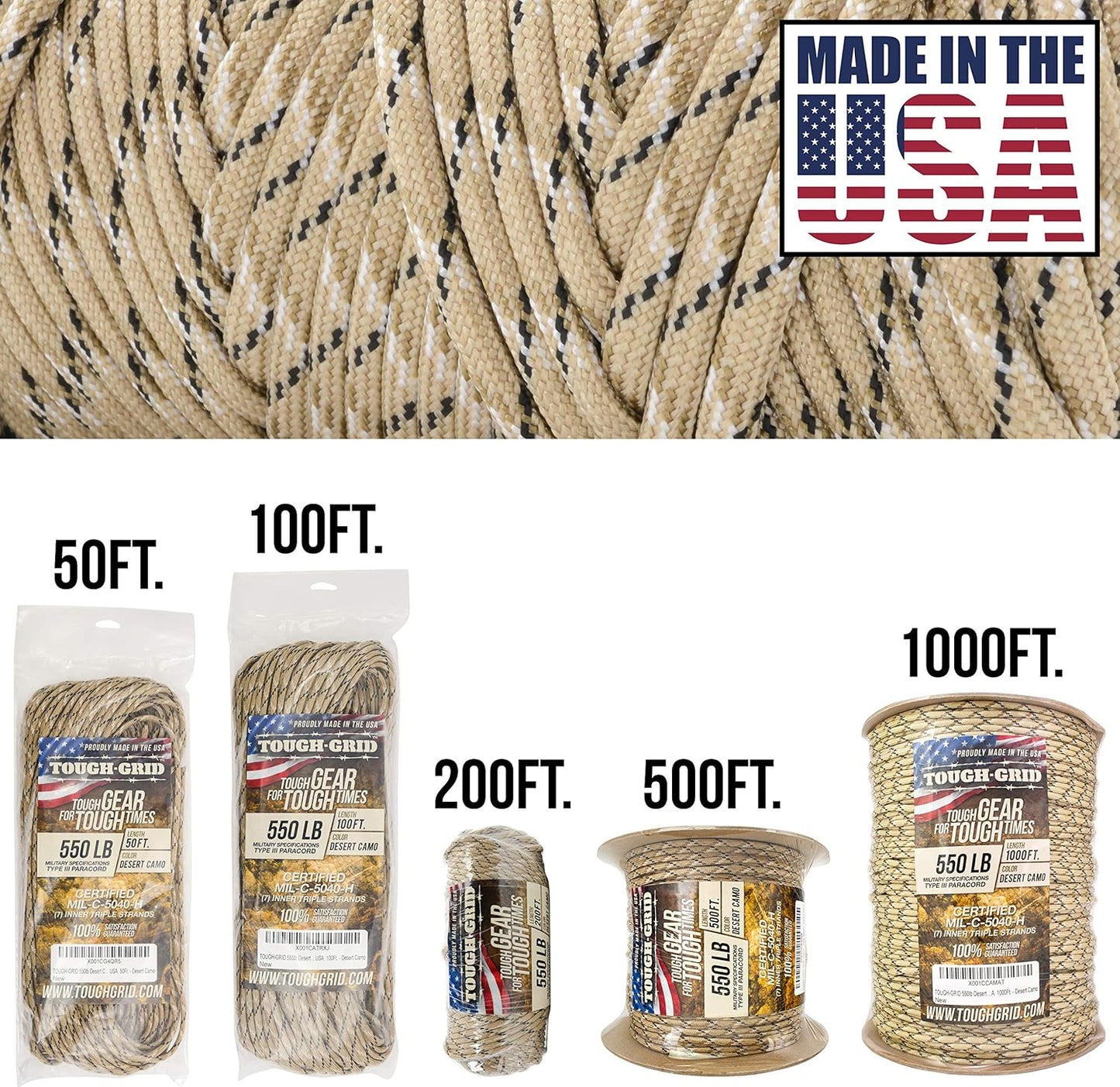 TOUGH-GRID 550 Paracord Rope Nylon Parachute Cord, Made in USA Survival Kit, Outdoor Adventures, Camping, Tactical Gear & Emergency Supplies, Military Type III Mil-Spec