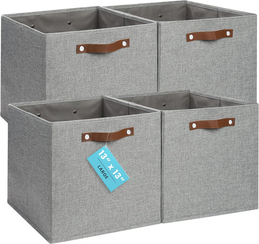 OrganiHaus 13x13 Cube Fabric Storage Bins Set of 4, Fabric Storage Cubes w/ Vegan Handles, 13 inch Collapsible Bins for Clothes & Toy Organizer, Cubbies Organizer, 13x13 Basket for Decor - Grey