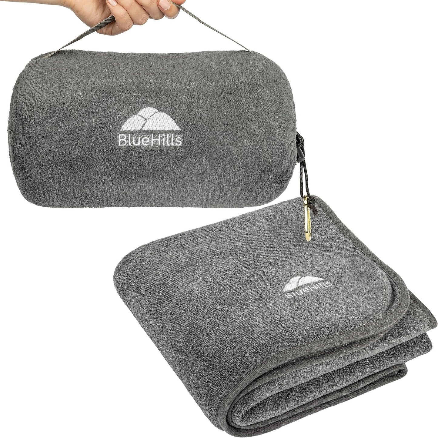 BlueHills Travel Blanket Pillow Rolled Premium Soft Plush Airplane Throw Traveling Essentials Compact in a Bag 70 X 48 inches for Long Plane Flight Portable Lightweight Grey Gray R01