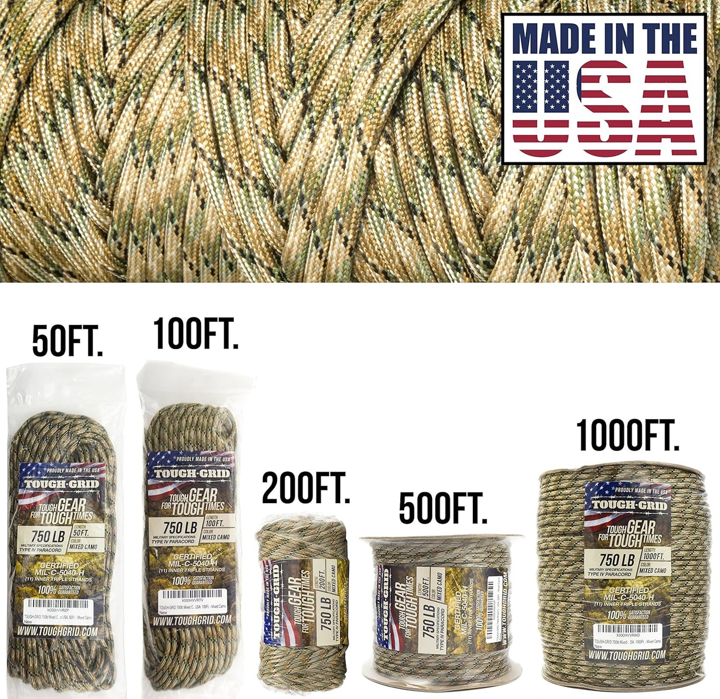 TOUGH-GRID 750 Paracord Rope Nylon Parachute Cord, Made in USA Survival Kit, Outdoor Adventures, Camping, Tactical Gear & Emergency Supplies, Military Type IV Mil-Spec