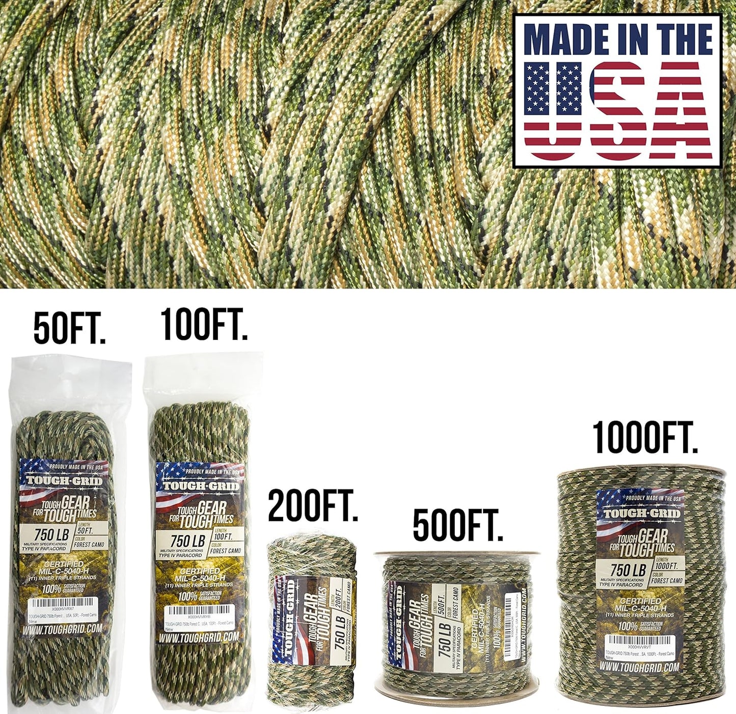 TOUGH-GRID 750 Paracord Rope Nylon Parachute Cord, Made in USA Survival Kit, Outdoor Adventures, Camping, Tactical Gear & Emergency Supplies, Military Type IV Mil-Spec