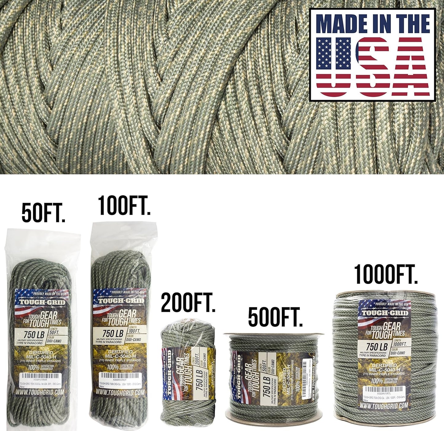 TOUGH-GRID 750 Paracord Rope Nylon Parachute Cord, Made in USA Survival Kit, Outdoor Adventures, Camping, Tactical Gear & Emergency Supplies, Military Type IV Mil-Spec