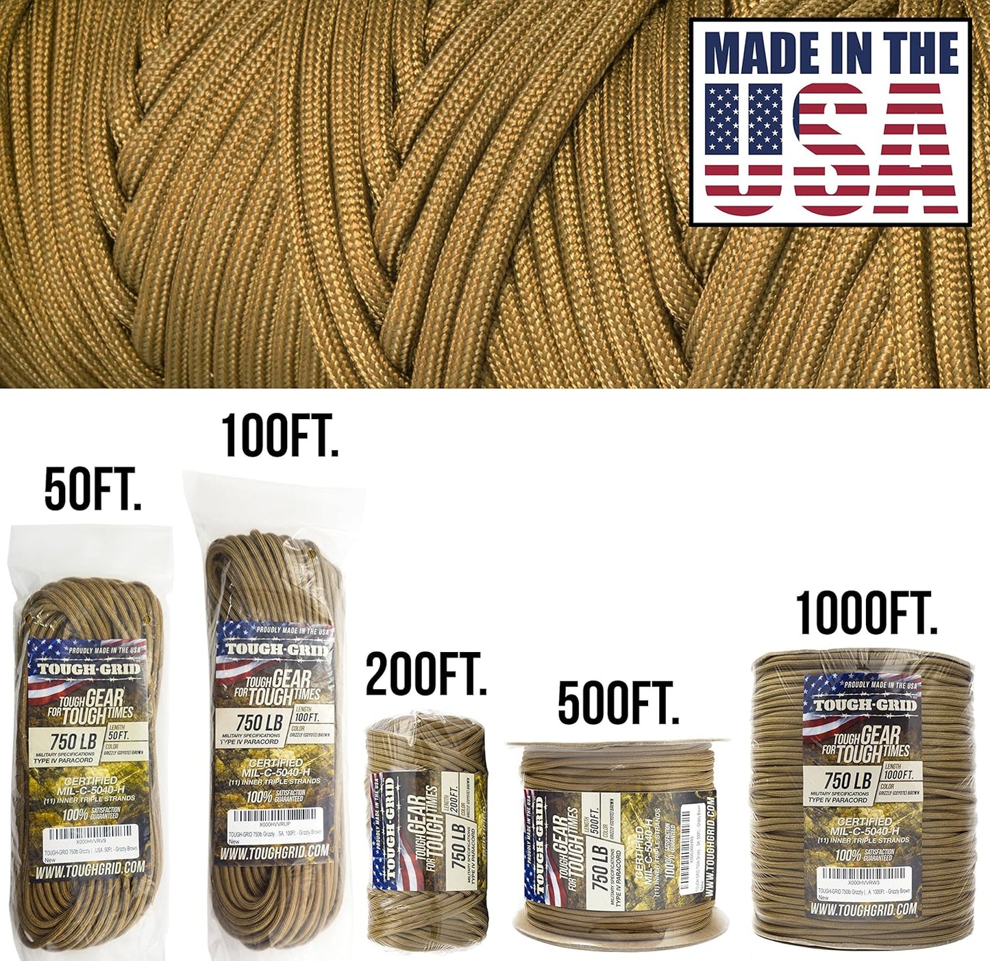 TOUGH-GRID 750 Paracord Rope Nylon Parachute Cord, Made in USA Survival Kit, Outdoor Adventures, Camping, Tactical Gear & Emergency Supplies, Military Type IV Mil-Spec