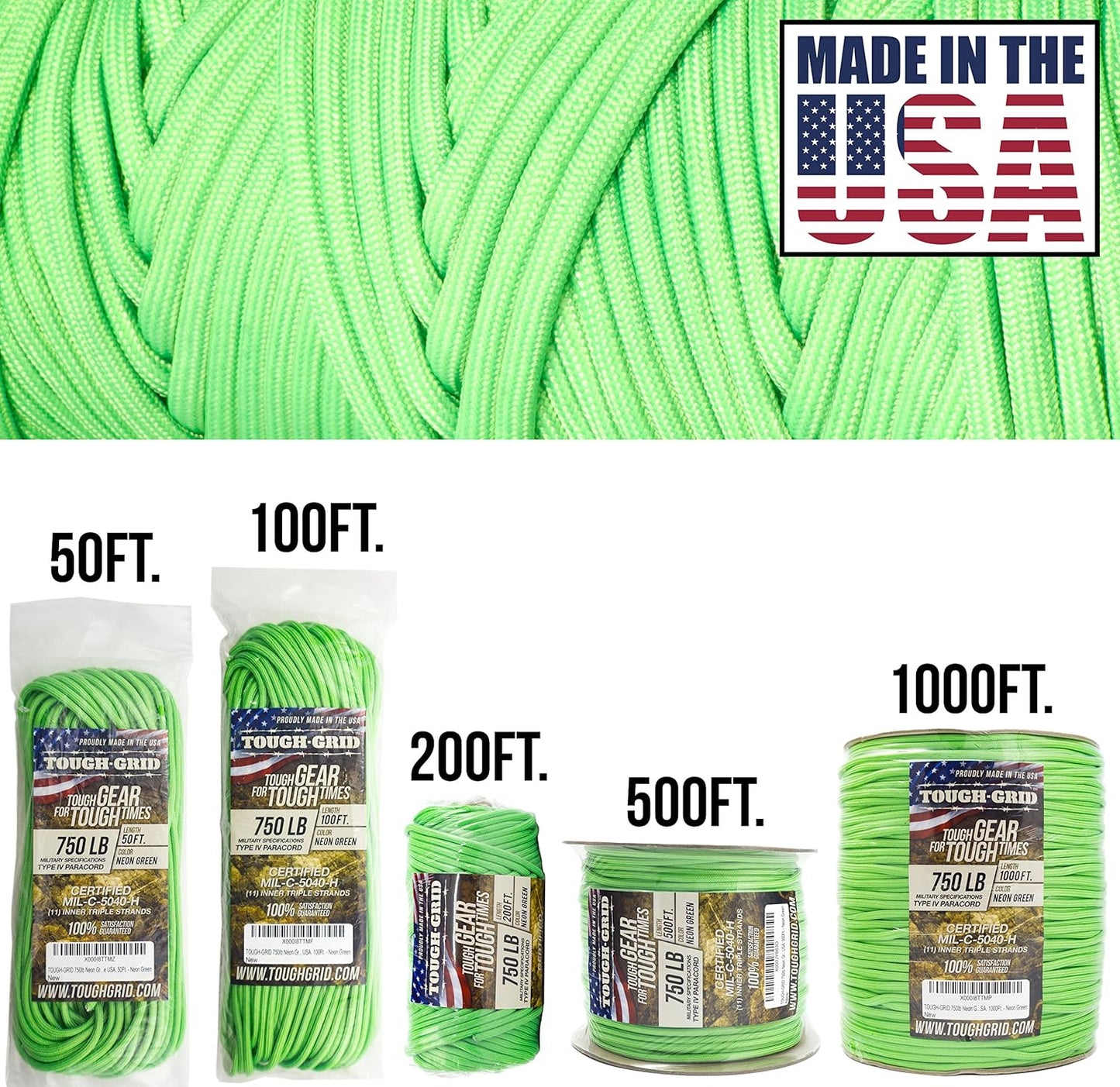 TOUGH-GRID 750 Paracord Rope Nylon Parachute Cord, Made in USA Survival Kit, Outdoor Adventures, Camping, Tactical Gear & Emergency Supplies, Military Type IV Mil-Spec
