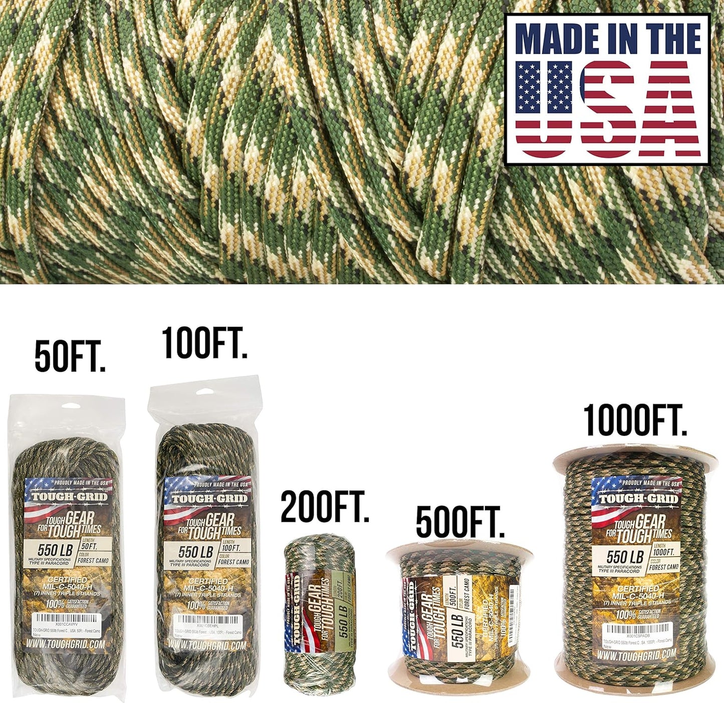 TOUGH-GRID 550 Paracord Rope Nylon Parachute Cord, Made in USA Survival Kit, Outdoor Adventures, Camping, Tactical Gear & Emergency Supplies, Military Type III Mil-Spec