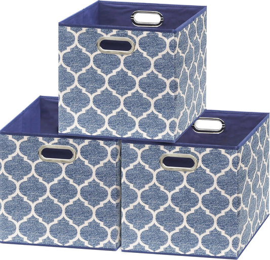 SIMPLE HOUSEWARE 13-Inch Collapsible Fabric Cube Storage Bin with Handles, Printed Design, 3 Pack, Steel Blue