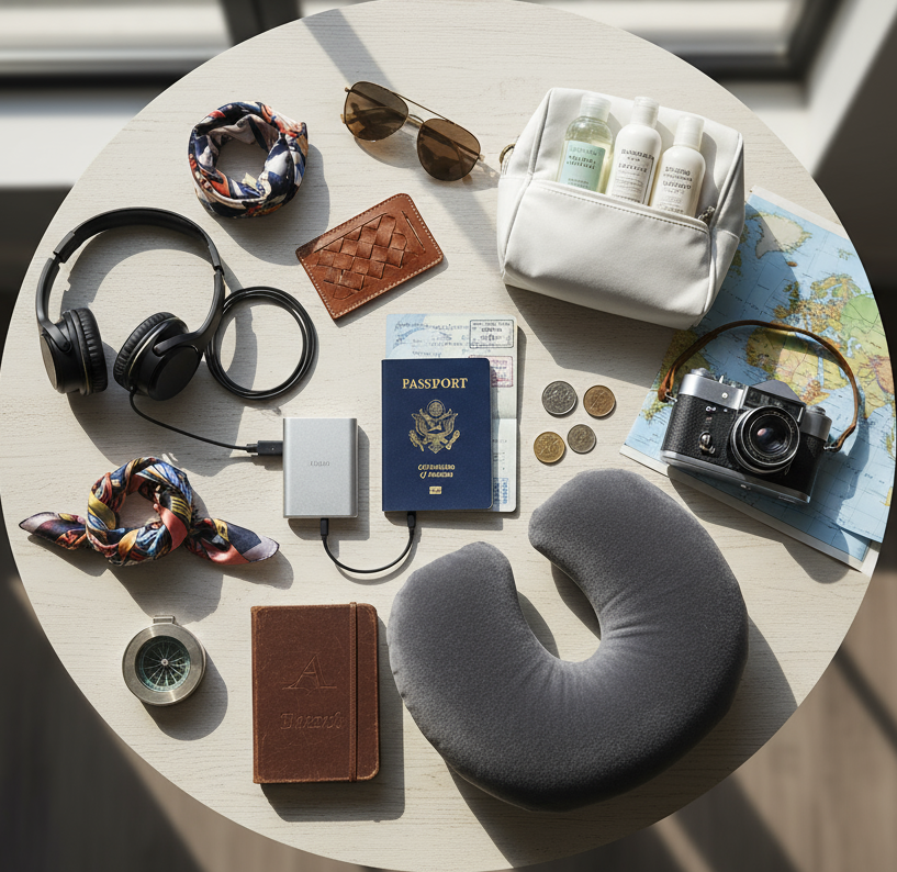 circle photo of travel accessories, make a real photo
